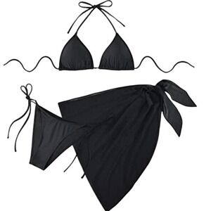 YONIQUE Black‎ Triangle Bikini Swimsuit Set with Sheer Sarong Beach Cover Up XL